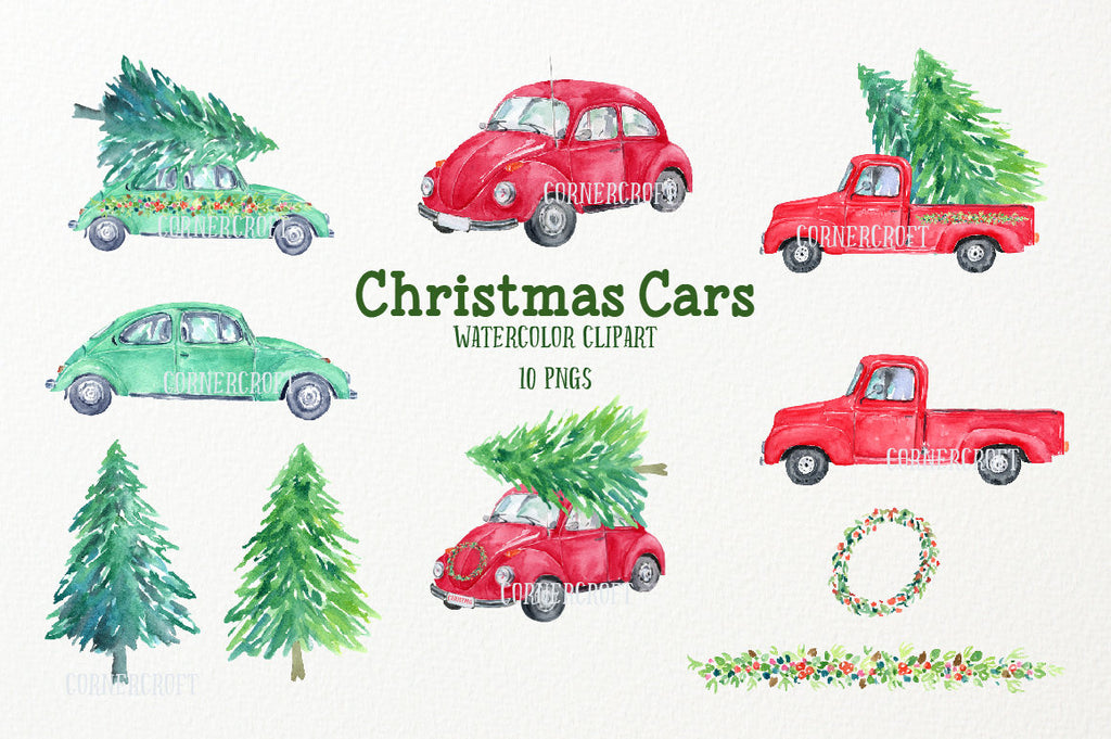 Watercolor Christmas cars, red car, green car, red truck, pine tress for instant download