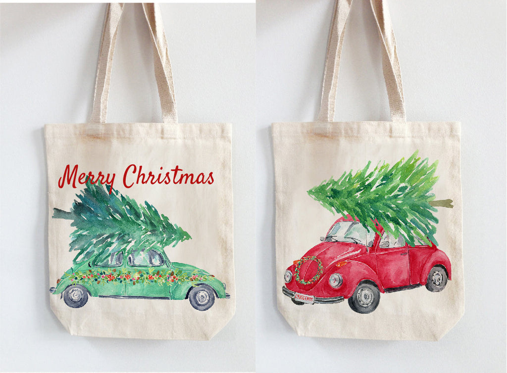 Watercolor Christmas cars, red car, green car, red truck, pine tress for instant download