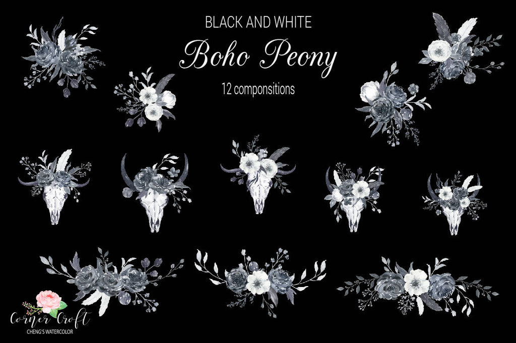 watercolor clipart, watercolor, posy, black peony, floral arrangement, peony, black, skull, boho, posies, black and white, boho peony, skull