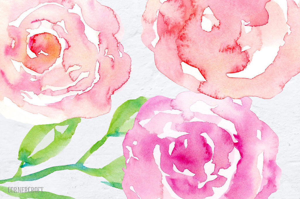 hand painted watercolor pink, peach and purple roses and decorative elements. 