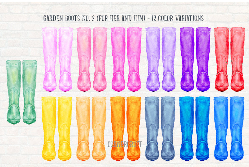 watercolour wellies, color variations, wellies clip art, digital download 