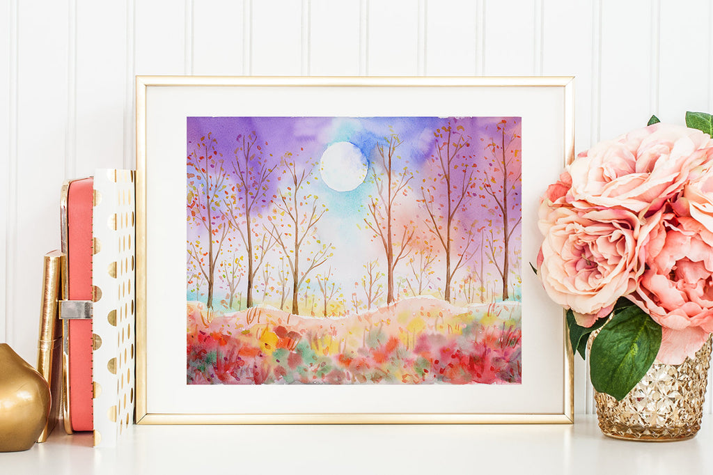 watercolor painting of moonlight, fall color, landscape painting.