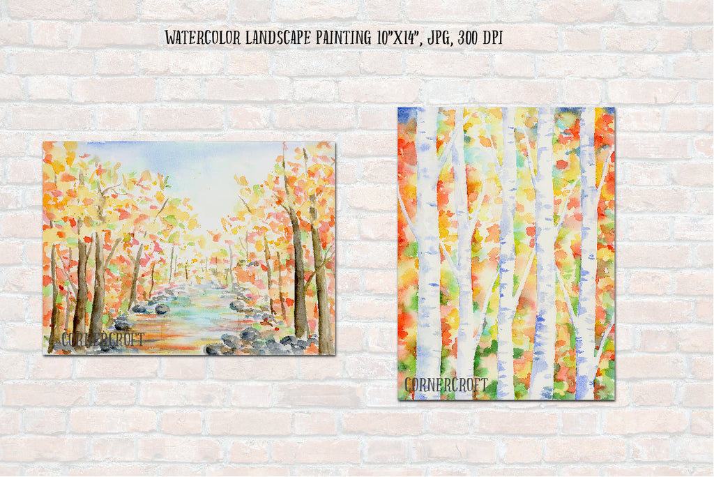 watercolor clipart, nature background, autumn color, birchwood. 