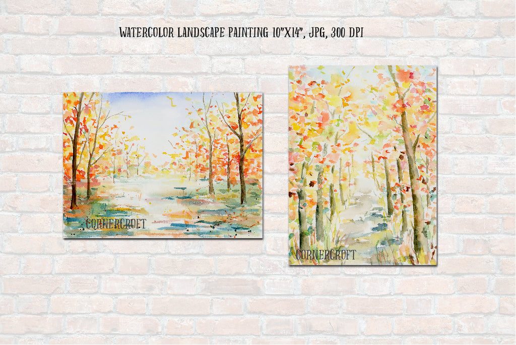 watercolor autumn color, watercolor nature background, landscape painting instant download