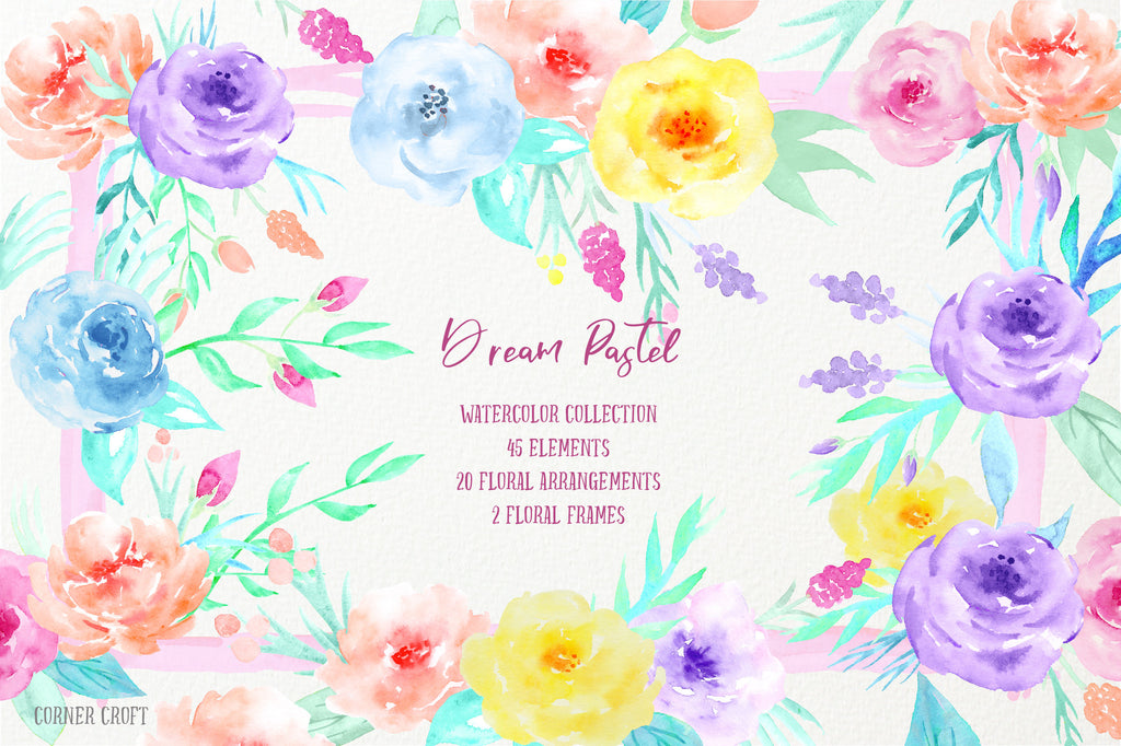 watercolor collection dream pastel, pink, purple blue, and yellow rose, floral posy