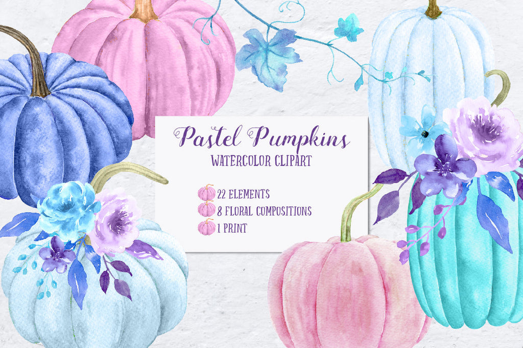 Watercolor pink, blue and purple pumpkins, pumpkin vines, pastel colored floral element, flower posies and compsitions for instant download