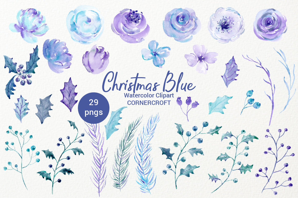watercolor elements watercolor collection, Christmas blue, holly, rose, floral arrangement, clipart, Christmas clipart, holiday