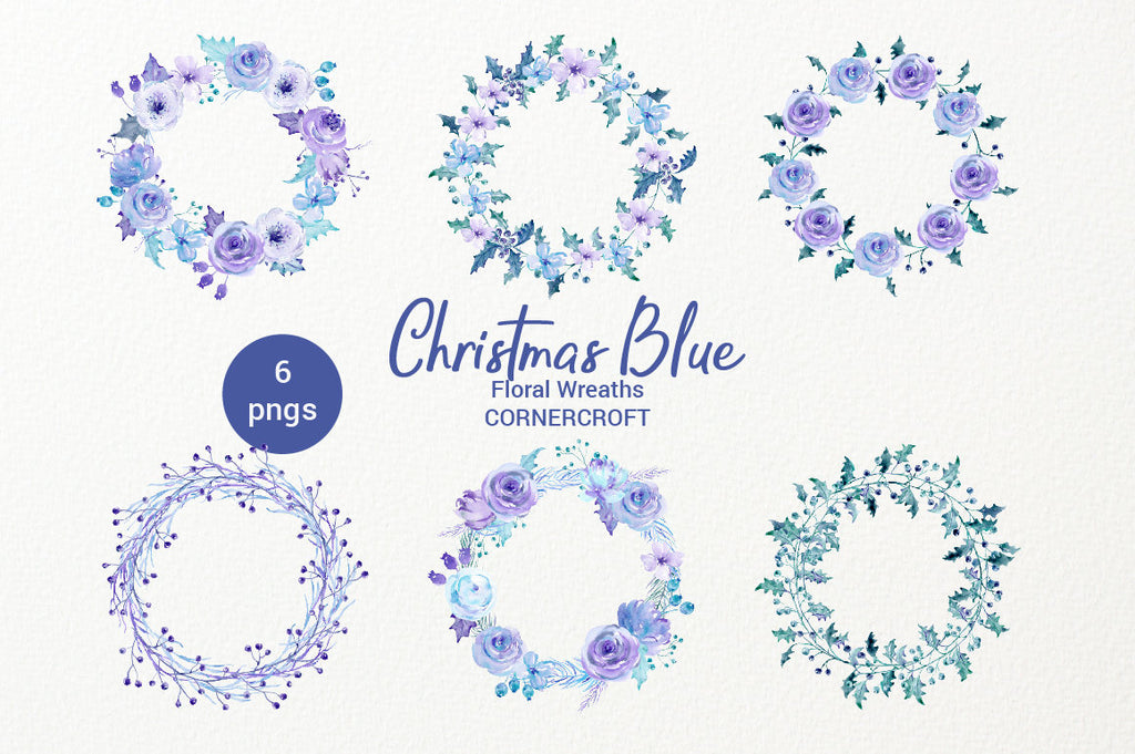 Christmas wreaths, watercolor collection, Christmas blue, holly, rose, floral arrangement, clipart, Christmas clipart, holiday