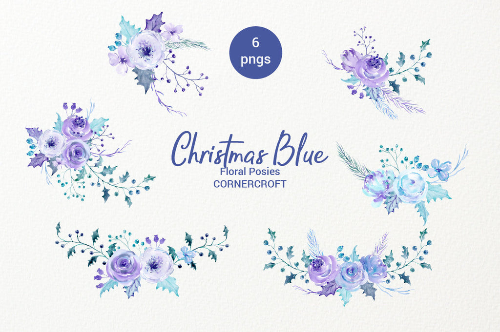 Christmas floral arrangements, watercolor collection, Christmas blue, holly, rose, floral arrangement, clipart, Christmas clipart, holiday
