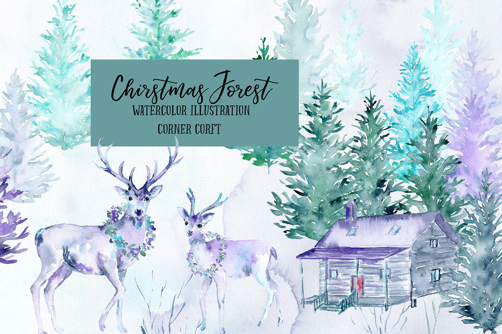 Watercolor clipart Christmas Forest, deer, fawn, cabin, pine trees, house, wood, texture in blue purple theme