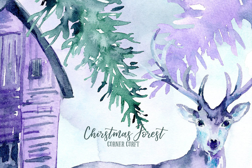 Watercolor clipart Christmas Forest, deer, fawn, cabin, pine trees, house, wood, texture in blue purple theme