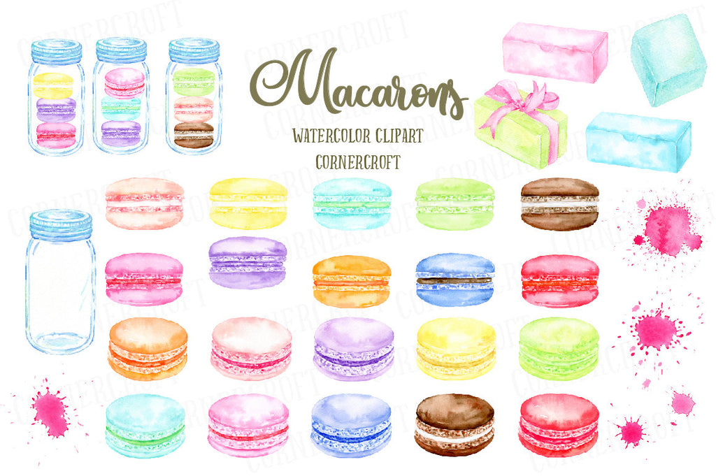 watercolor clipart, watercolor pastel color macarons, pink macaron, purple macaron, blue macaron, green macaron, chocolate macarons, mason jar macarons
