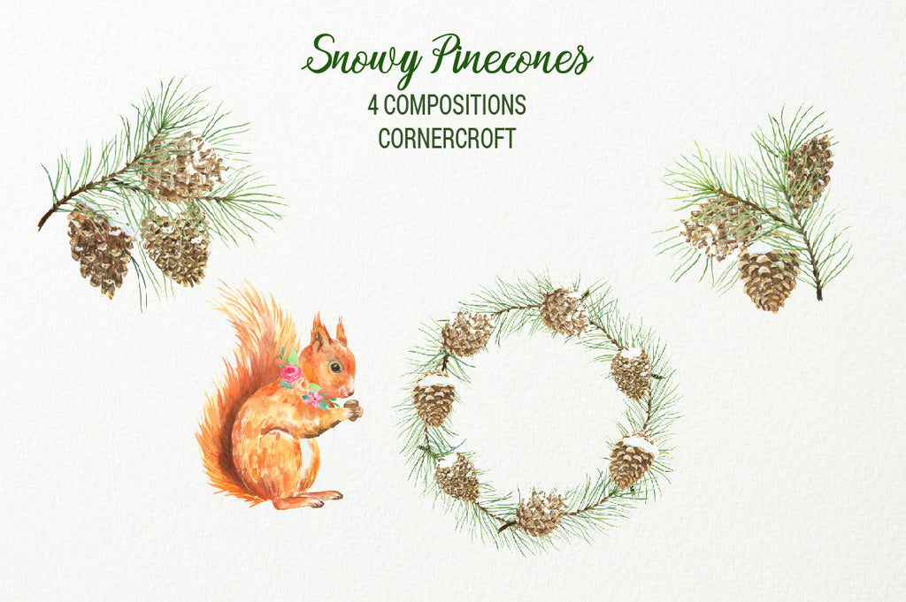 pine branches, pine cones in snow, red squirrel and little girl in Christmas outfit, 