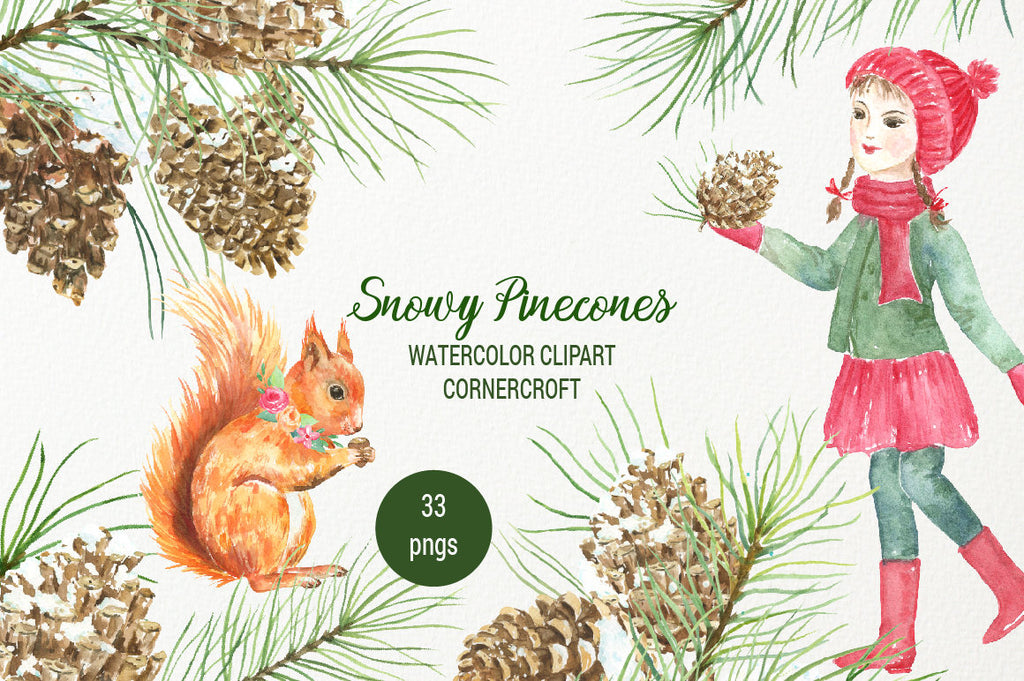 watercolor clipart pine branches, pine cones in snow, red squirrel and little girl in Christmas outfit