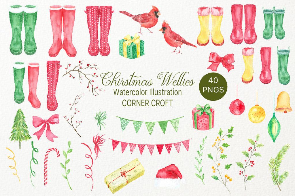 watercolor rain boots elements, rubber boots clipart Watercolor clipart of Christmas rain boots, green boots, red boots, Christmas decorations