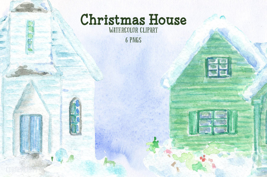 Watercolor houses, watercolor churches, American style houses, property, green, red, Christmas 