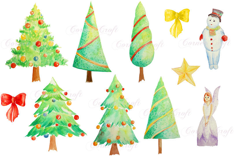 Watercolour clipart, Christmas trees, snowman, chirstmas tree, watercolor clipart, holiday clipart