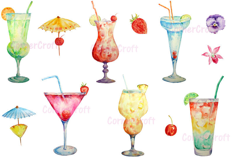 watercolor clipart cocktails, cocktail illustration, watercolor graphics, summer party