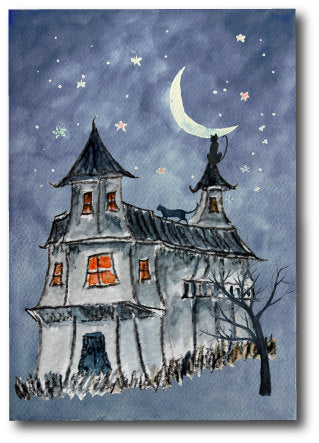watercolor haunted house, castle, old house, Halloween clipart, grey building, scary building