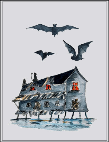 old house on water, bats, cats, halloween elements, instant download, digital files. 