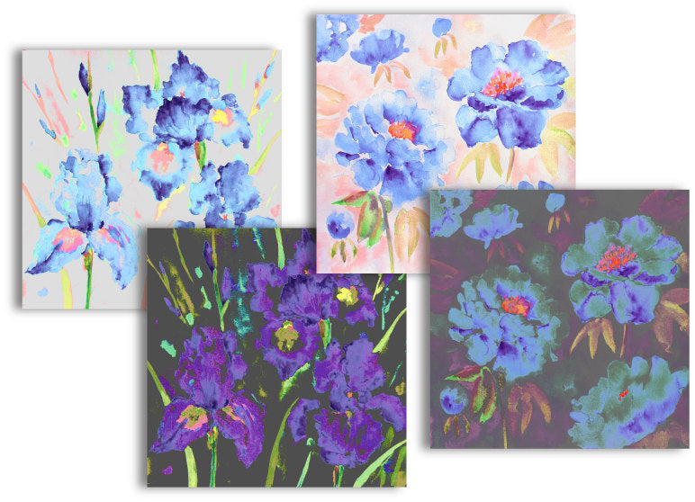 dark blue and purple themed watercolor floral patterns, The flowers includes Iris, poppy, daisy and peony