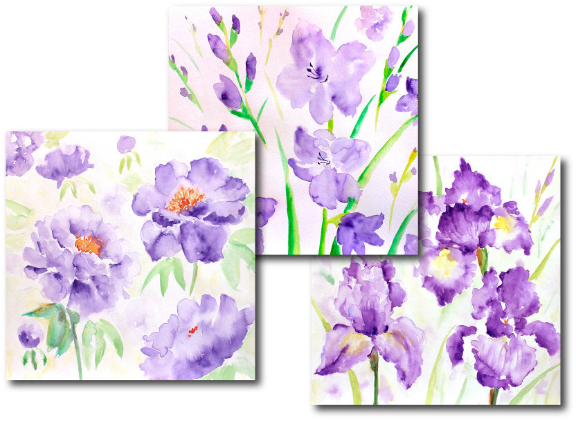 hand painted watercolor pattern, blue and purple flowers, floral pattern, 12 inch x 12 inch