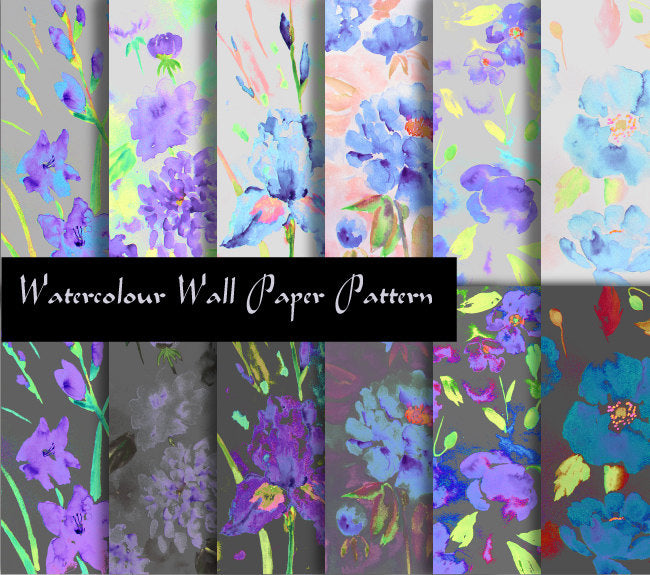 dark blue and purple themed watercolor floral patterns, The flowers includes Iris, poppy, daisy and peony