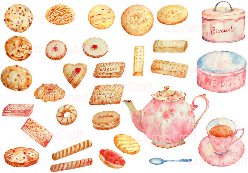 watercolor clipart biscuit, baking, pink tea pot, digital, clipart, watercolour, biscuit tin