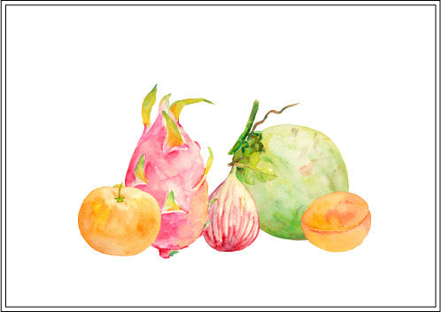 watercolor clipart of fruit, dragon fruit, topical fruit, fig, coconut , apricot, fig, orange 