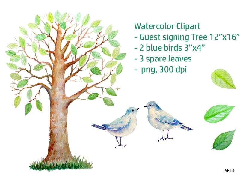 watercolor guest signing tree, large guest signing tree, blue birds, blue bird, bird illustration