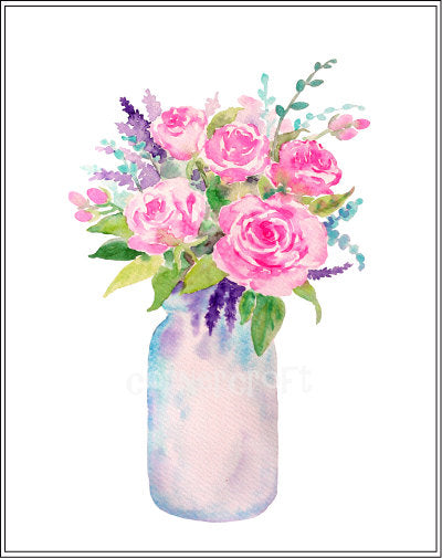 watercolor rose, pink rose, yellow rose, purple rose, watercolor clipart, mason jar illustration 