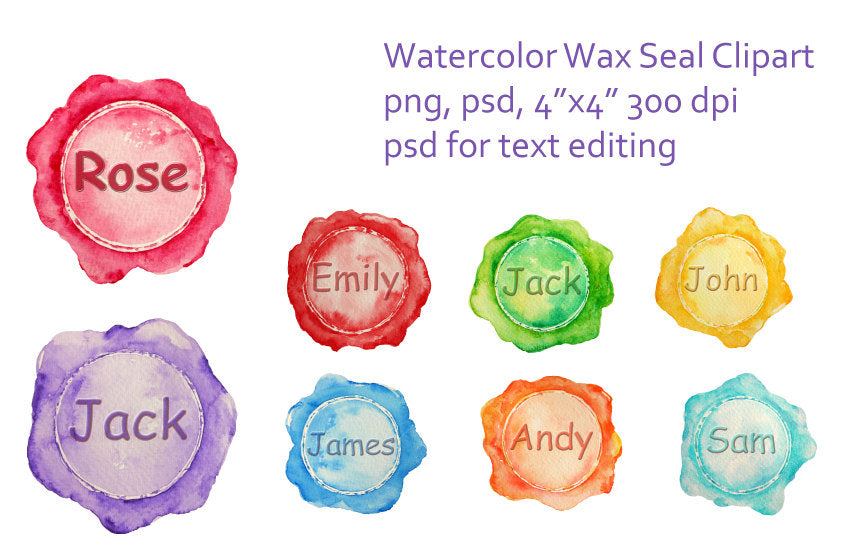 This is set of 8 vintage style watercolor wax seal clipart, a novelty clipart of old time charm. You can also use them as unusual labels or tags.  There are 8 png files 300 dpi, 4"x4", there are also 8 psd files for text editing.