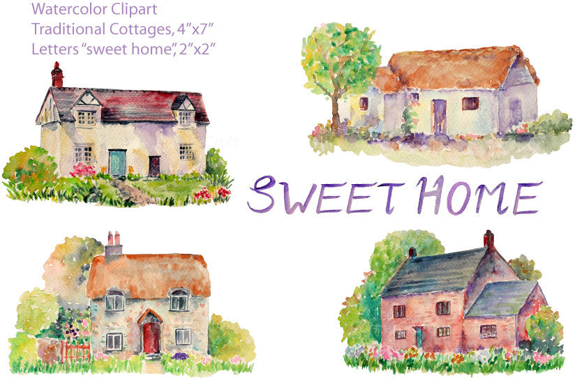 Watercolor Clipart, English cottage, traditional cottage, old house.
