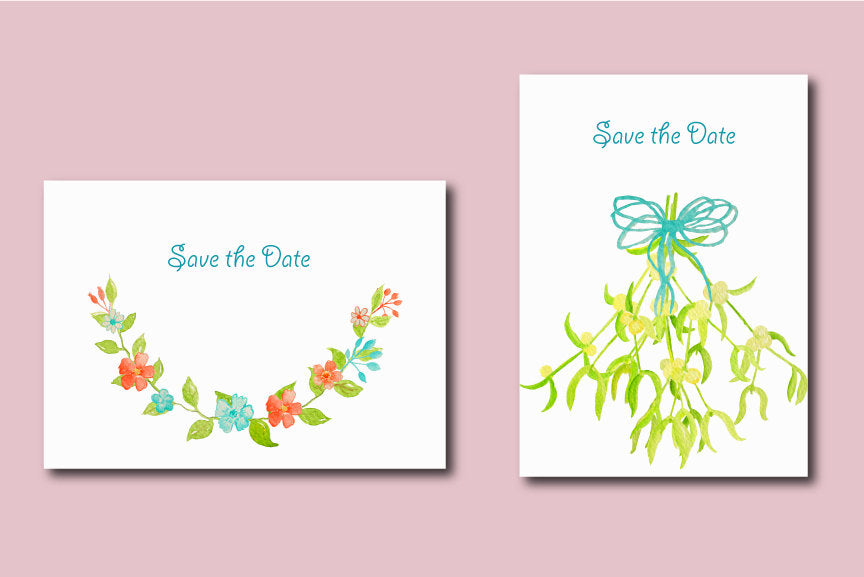 Watercolor mistletoe, olive, blue and orange flowers and berries instant download 