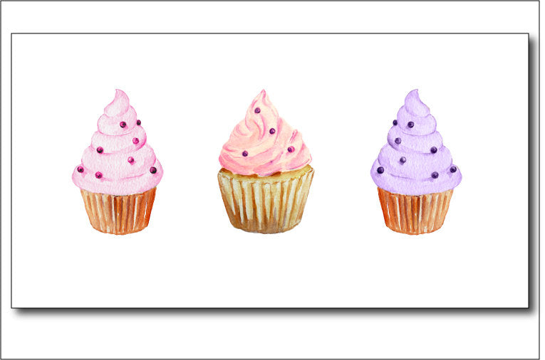 watercolor clipart cupcake, cup cake illustration, pink and purple cupcakes, hearts