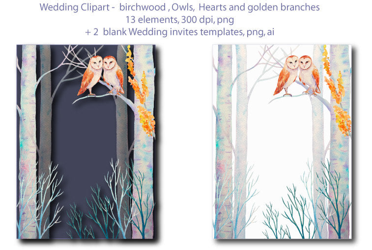 watercolor wedding invitation template, birch wood and barn owls
