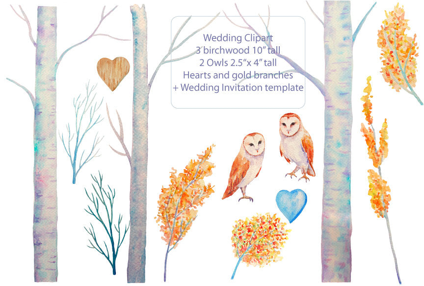 watercolor wedding clipart, barn owls, wedding invitation template 