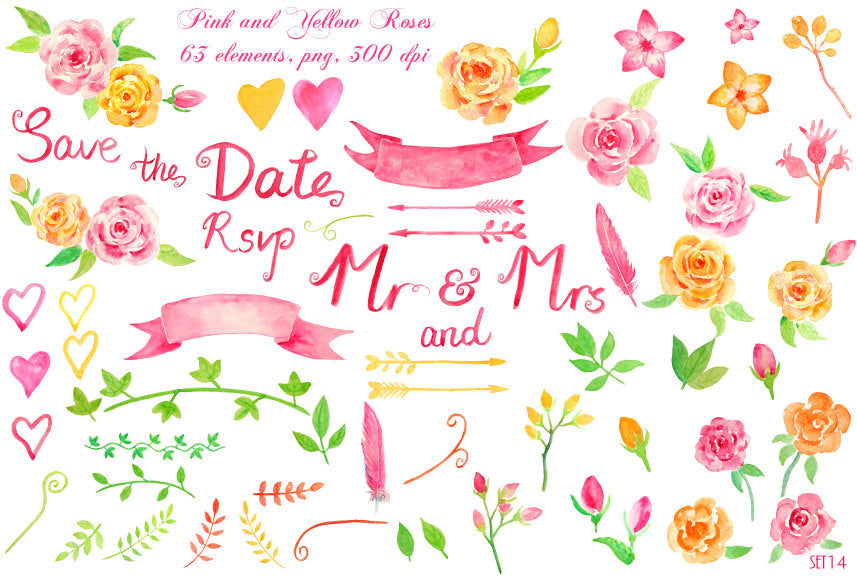 watercolor wedding clipart for wedding, pink rose, peach rose, banner