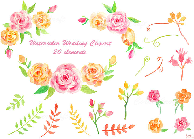 watercolor wedding clipart, orange and pink roses, instant download 