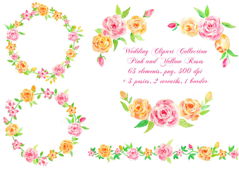 watercolor rose collection, wedding invitation clipart