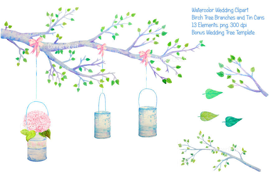 wedding invitation, watercolor birch tree and tin cans