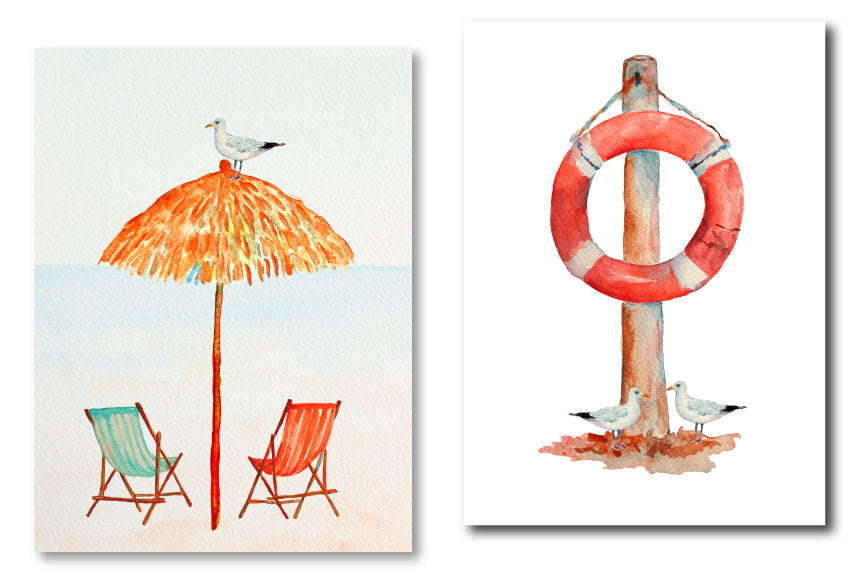Watercolour clipart - Watercolor lighthouse, seagull, fishing boats, compass, beach hut, parasol, beach chairs