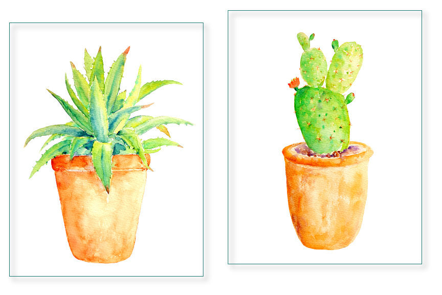 watercolor cactus in terracotta pots, cactus illustration, prickly pear, saguaro cactus, barrel cactus, aloe vera