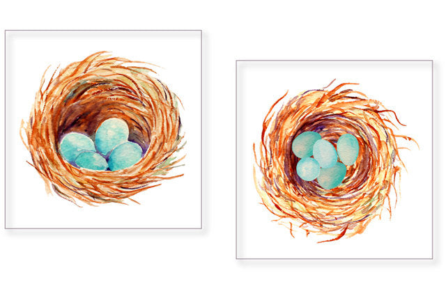 Hand painted watercolor birds - blue bird, chicks, bird nest with eggs, empty bird nest, eggs and tree branches, bird family for instant download