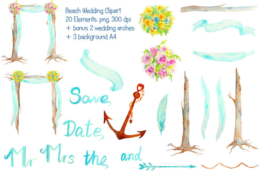 Hand Painted Watercolour Beach Wedding Arch clipart for instant download.