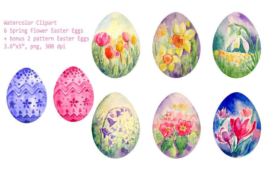 watercolor easter clipart, spring flower eggs