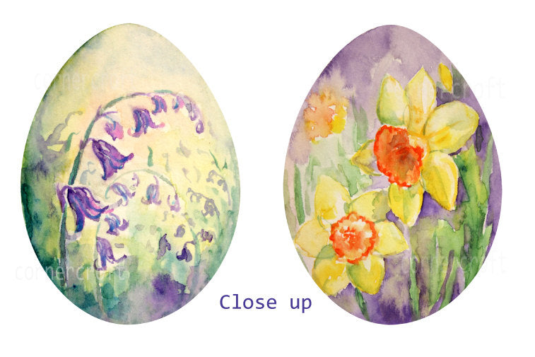 watercolor spring flower on Easter eggs, Easter egg clipart