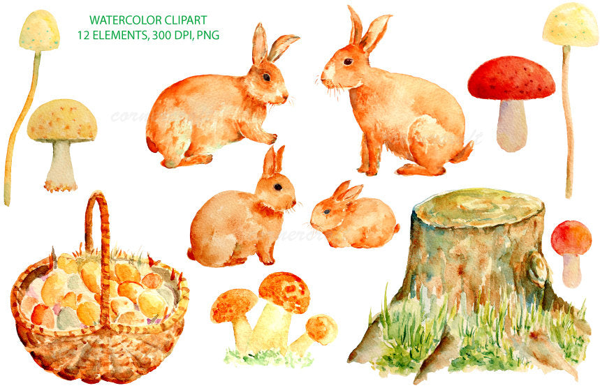 Watercolor clipart easter bunny, rabbit family, woodland creature 