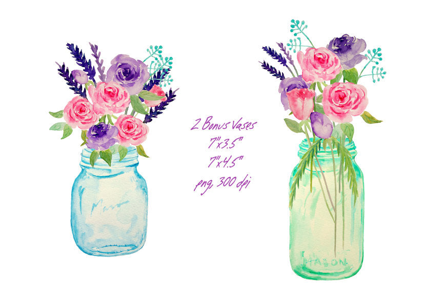 watercolour vase of flowers, mason jar flower bouquet, wedding flowers, wedding clipart