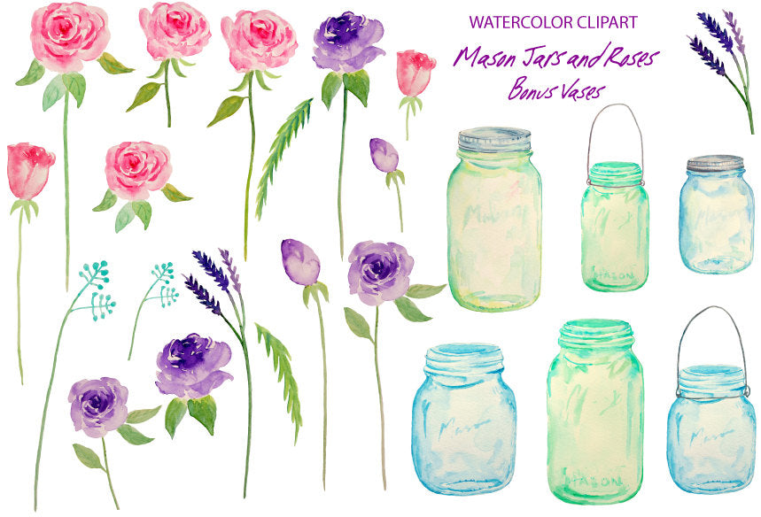 Watercolor clipart mason jar, roses, pink rose, purple rose, instant download 